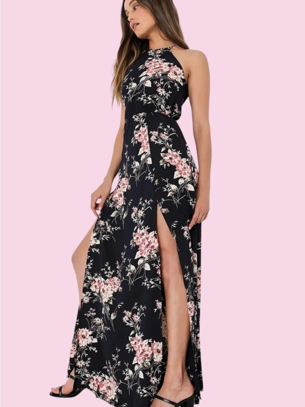 Lulus Feel the Music Midnight Floral Halter Maxi Dress Size XL MSRP $98